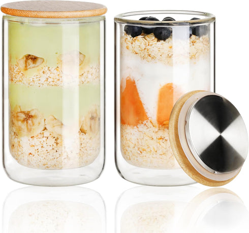 LIBWYS 2 Pack Overnight Oats Containers with Bamboo & Stainless Steel Lids,