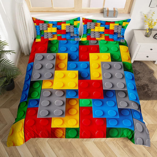 Erosebridal Colorful Construction Bedding Sets King, 3D Building Blocks Duvet Cover, Rainbow Gradient Room Decor for