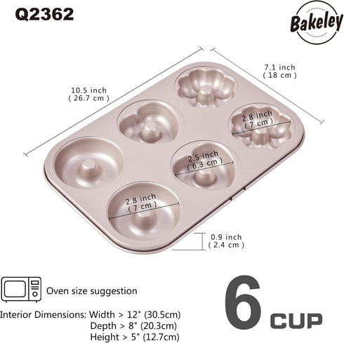 Fancy Donut Pan, 6 Cavity Donut Mold Heavy Duty Steel Non-stick Heart Flower Round Shaped Bund Pans Pattern Doughnut Bakeware for Oven Baking (Champagne Gold) by Bakeley