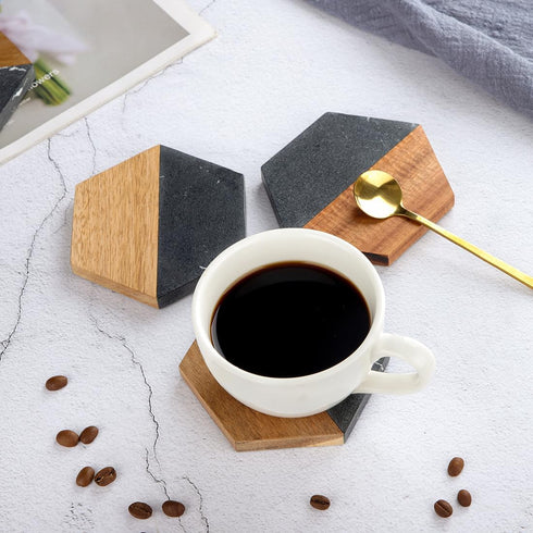 Set 4Pcs WLWNWFT Wood Black Marble Coasters for Drinks, Modern Rustic Acacia Hexagon Coaster Decorative Bar Coaster