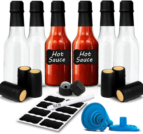 MEM WORLDSHOP Clear Glass Hot Sauce Bottle (woozy) with Black Cap and Orifice Reducer