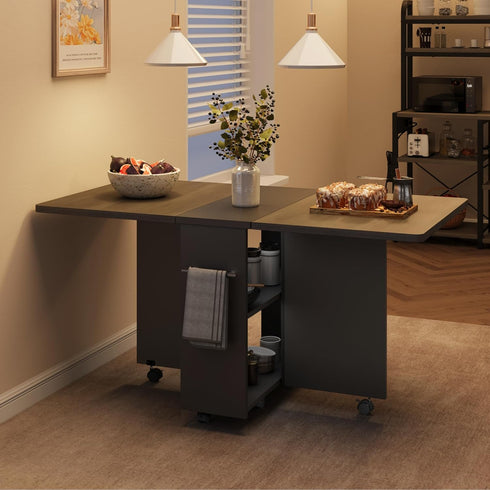 Space Saving Folding Dining Table with 2 Tier Storage-Extendable Drop Leaf Farmhouse