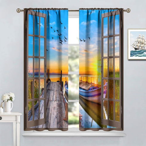 Lakeside Landscape Curtains, Rustic Style Bridge Boat Lake Nature 3D Landscape Scenery Prints Window Treatments Drapes for Bedroom Living Room 2-Panel Set & Rod Pocket42x45in by Yoakiet