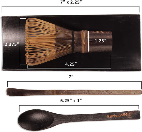 BambooMN Matcha Whisk Set - Black Chasen (Tea Whisk), Black Tray, Chashaku (Hooked Bamboo Scoop), Tea Spoon - 2 Sets