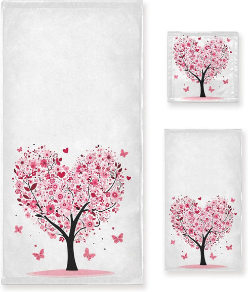 Pfrewn Pink Flowers Heart Tree Towels Set of 3 Romantic Love Spring
