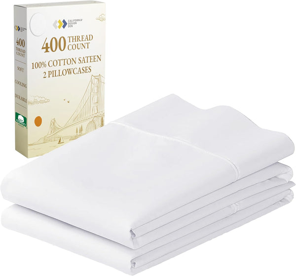 California Design Den Standard Queen Pillowcase Set, 400 Thread Count, 100% Cotton, Set of 2, Bright White
