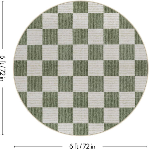 6 Green,180R) LIVEBOX Checkered Round Rug Ft Washable Area Rug for Playroom Classroom, Kids Non-Slip Neutral Classic