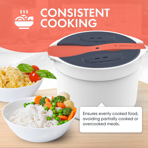 Microwave Rice Cooker Steamer and Pasta Cooker with Strainer - Mess-Free Design, Dishwasher Safe, Cooks 8 Cups