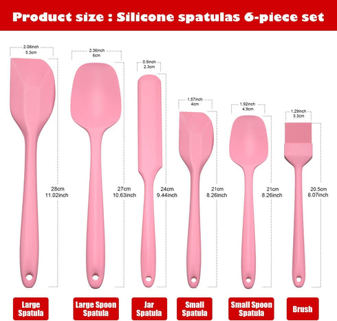 Heat Resistant 6pcs Silicone Spatulas Set, Non-Stick Mixing Utensils with Stainless Steel Core, BPA-Free Rubber for