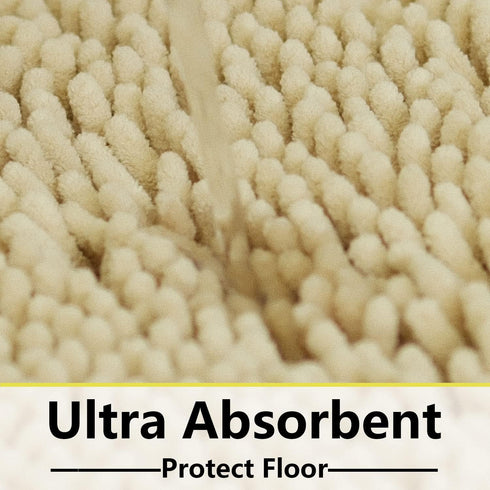 Bath Rugs Chenille 3-Piece Set, Extra Soft Absorbent Shag Beige Bathroom Mats, Machine Wash, Non-Slip Underside