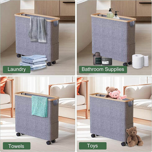9 1 Pack Bamboo Toilet Paper Storage with Lid and Wheels, Bathroom Toilet Storage Basket with Handle, Paper Storage