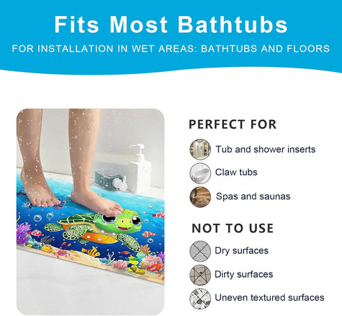 40''x16'' XIYUNTE Baby Bath Mat for Tub Non Slip Kids Bath Mat - Extra Long Cartoon Turtle Baby Bath Tub Mat