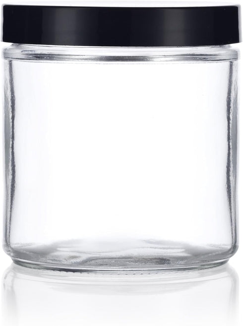 16 oz Large Clear Thick Glass Jar with Black Foam Lined Lid, 4 Pack