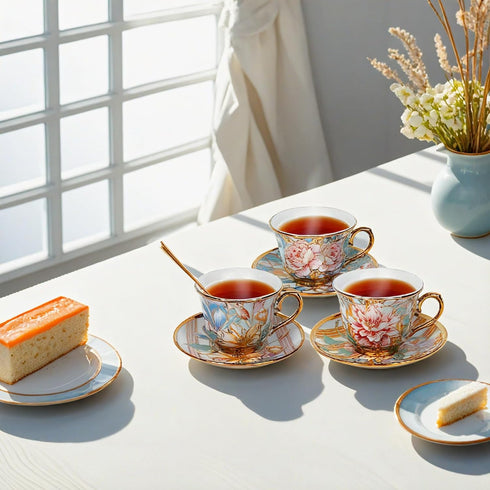 Qetoosur Set 6, 8 OZ Set Tea Cups and Saucers of Ceramic Tea Cups with Saucers Vintage Floral Tea Cup for Cappuccino