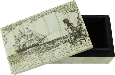 Fake Reproduction Scrimshaw Art Bone Mermaid Nautical Jewelry Box Treasure Chest