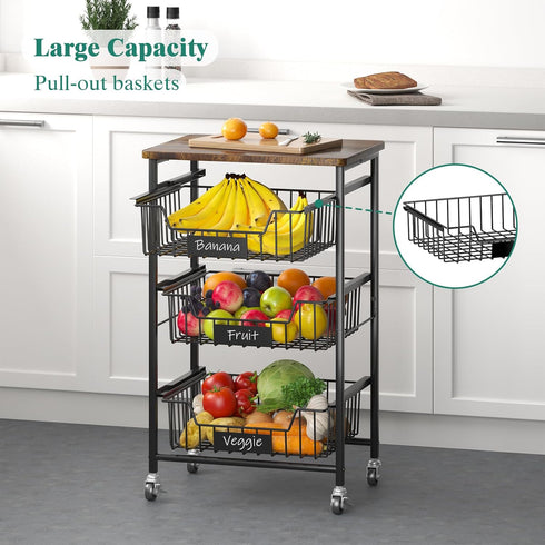 Kitchen Storage Cart with Wheels - 4-Tier Metal Utility Rolling Cart with Wood Top & Pull Out Baskets