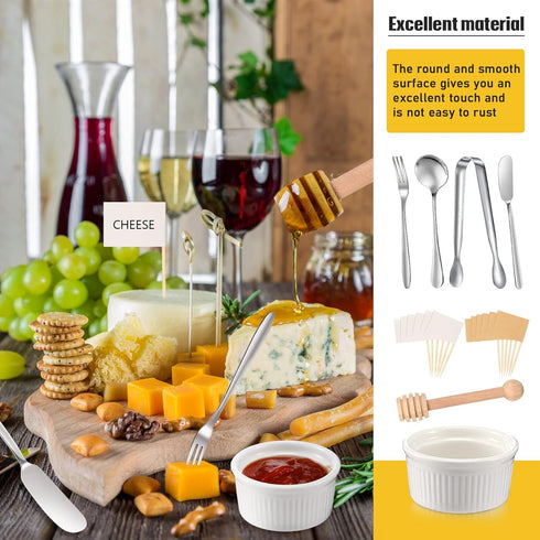 Charcuterie Board Accessories Set, Cheese Butter Spreader Knives, Serving Tongs, Spoons, Forks, Toothpick Flags
