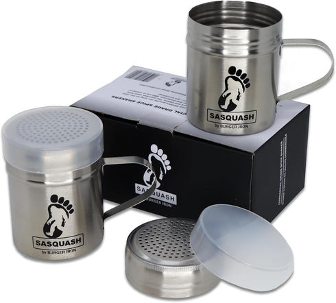 The Sasquash Spice Shaker - Professional Grade 10oz Stainless Steel Smash Burger Griddle and Grill Dredge Salt and Pepper Shaker with Lid - 2 Pack - The Sasquash Collection by Sasquash