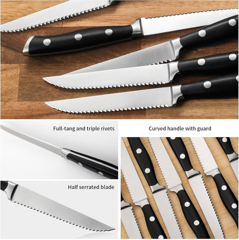 6-Piece Set, 4.7 Inch Alata Steak Knives with Serrated Edge Razor-Sharp Dinner Knives, Full-Tang Construction