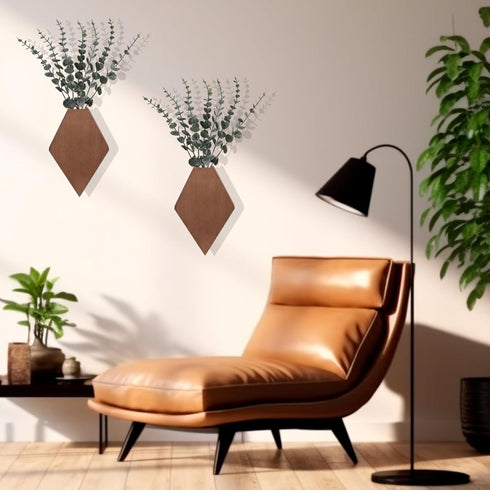 2 Color,9.8 6.6 1.2 Inches) Chunful Pcs Wooden Wall Planter Decor Hanging Faux Plants Greenery Flowers Holder Vase