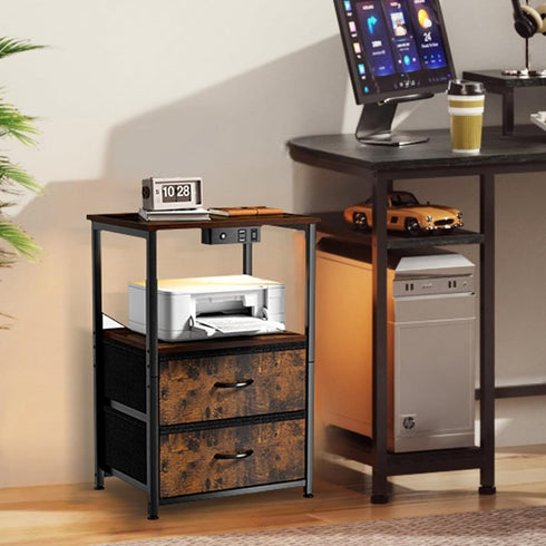 Klaus Kelsie Land Nightstand with Charging Station and LED Lights, Small Night Stand for Bedroom with Fabric Drawer