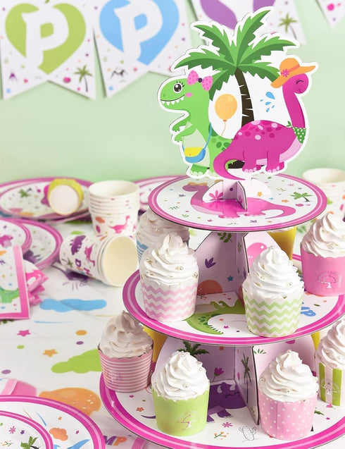 WERNNSAI Dinosaur Cupcake Stand - 3-Tier Pink Dinosaur Birthday Party Decorations for Girls, Cardboard Dessert Tower