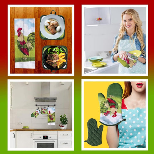 Lobyn Value Packs: 5-Piece Country Kitchen Towel Set - Proud Rooster & Red Barn Motif, 2 Dish Towels, Oven Mitt &