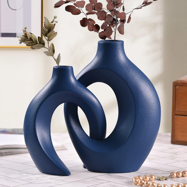 Blue Ceramic Vase for Modern Home Decor, Matte Snuggle Hollow Flower Vase