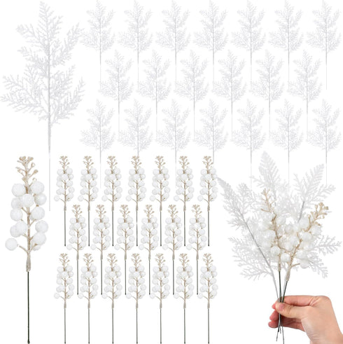 Cindeer 80 Pcs White Christmas Glitter Berries Stems Pine Needles Christmas Artificial
