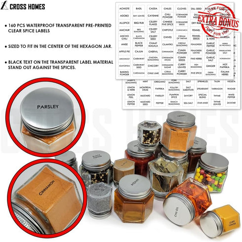 CROSS HOMES Pack 21 Set (6 4 oz 15 2 oz) Magnetic Spice Jars Combo Large + Small Refrigerator Hexagon Glass Spice Jar