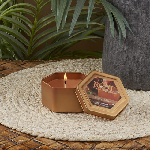Root Candles Fall Scented Travel Tin Candle - 24-Hour Honeycomb Beeswax Blend in Mulled Cider, 4-Ounce