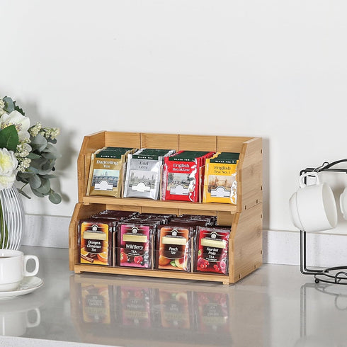 2-Layer Countertop TIOPGHAD Stackable Bamboo Tea Bag Organizer Storage Holder & Rack - Wooden Tea Box Containers