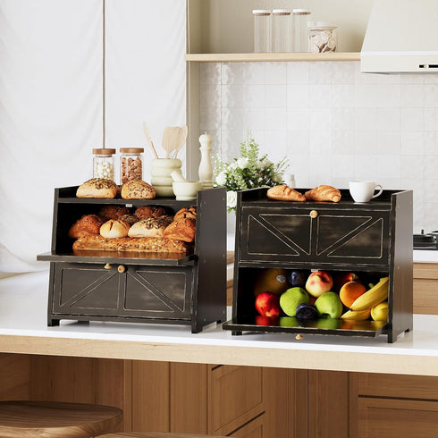 Counter Trironsun Vintage Double Layer Bread Box for Kitchen Bamboo Bread Storage Container Large Capacity Bread