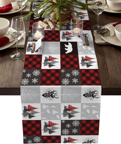 Christmas Table Runner 72 Inch, Buffalo Plaid Checkered Snowflake Elk Xmas Tree Bear for Holiday Kitchen