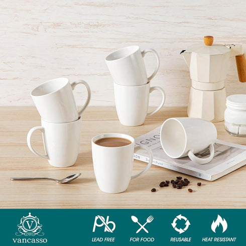 Set 6, 12 Oz vancasso White Ceramic Coffee Mug of Tea Cups with Handle for Latte, Tea, Cappuccino, Milk, Cocoa
