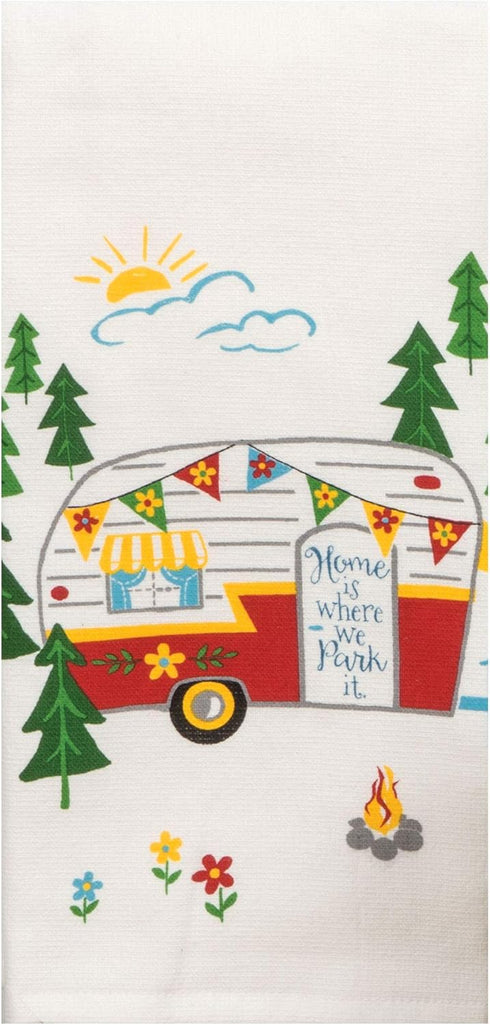 4 Piece Happy Camper Kitchen Towel Bundle - 1 Tea Towel, 1 Terry Towel, 2 Potholders