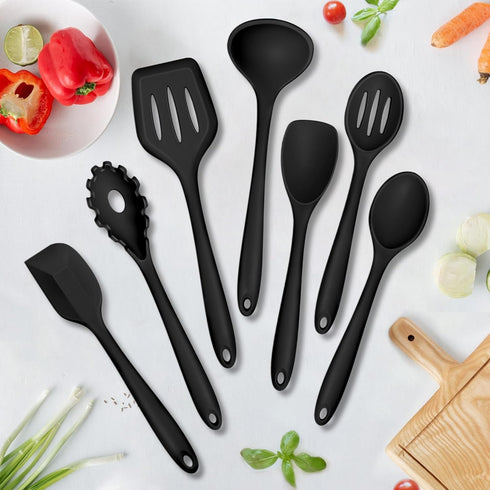 TeamFar Silicone Cooking Utensil Set of 7, Black Nonstick Tools Turner Spoon Spatula Ladle for Nonstick Cookware.