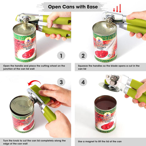 Manual Can Opener with Magnet, Handheld Can Openers with Sharp Blade, Smooth Edge, Big Effort-Saving Knob, Lime Green