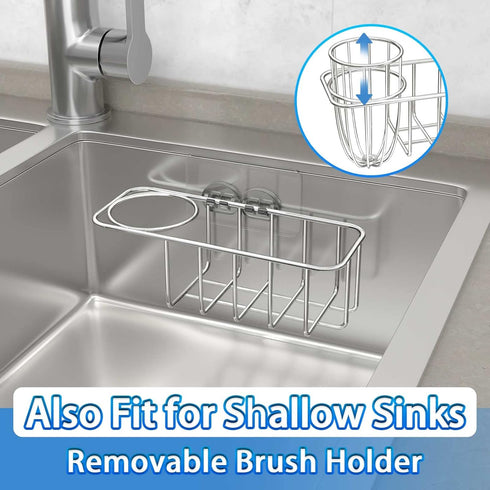HULISEN 3-in-1 Sponge Holder for Kitchen Sink - Stainless Steel Caddy for Soap, Dish Brush Holder, No Drill, Rustproof,
