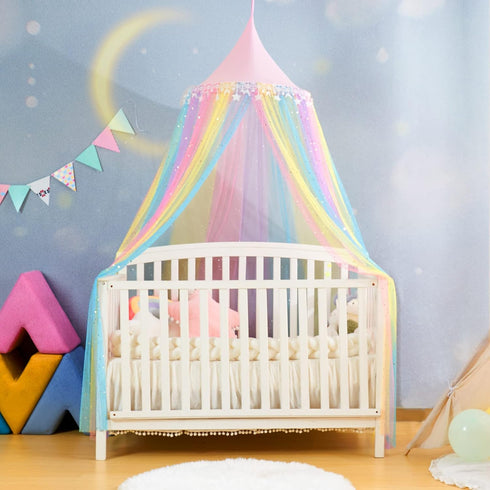 Rainbow Bed Canopy for Girls,Shiny Kids Princess Round Dome Bed Curtain with Star Moon Glitter,Kids Crib Canopy Play