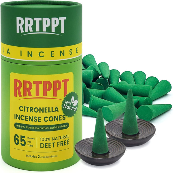Citronella Incense Cones (65 Cones) with 2 Ceramic Dishes | Made with Plant-Based Ingredients for Indoor & Outdoor
