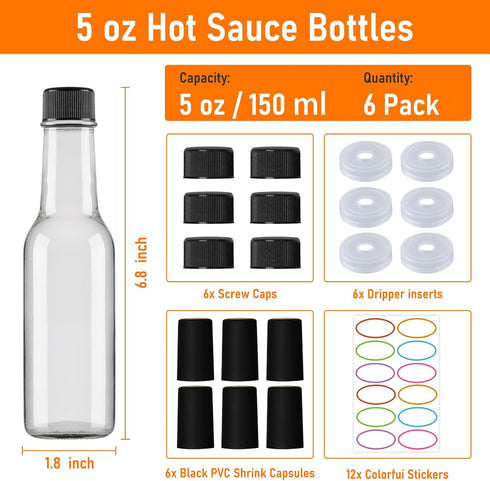 5 oz 6 Pack, Woozy Cap,150ml STARSIDE Hot Sauce Bottles Empty Pepper Sauce Bottle, Clear Glass Bottles with Leak Proof