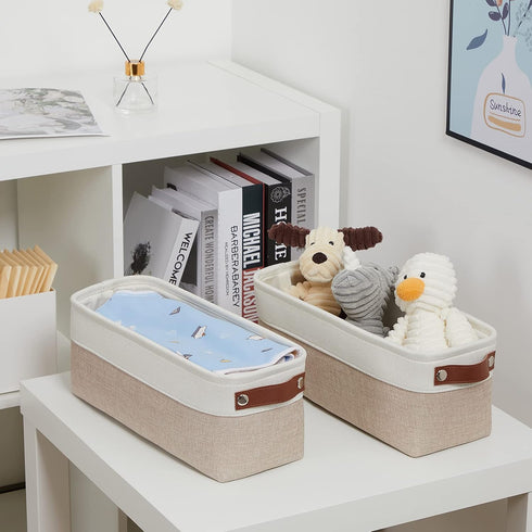 DULLEMELO 2-Pack Bathroom Baskets, Small Canvas Fabric Storage Bins with Leather Handles for Organizing Closets