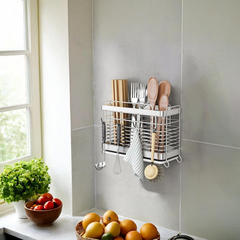 Utensil Holder with 3 Compartments, Stainless Steel Drying Rack, Dish Drainer for Kitchen Counter, Silverware Organizer