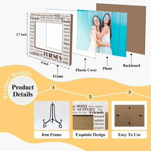 Wooden Photo Frame with Iron Stand, Friendship Gifts for Bestie Woman BFF, 4x6 Horizontal Photo Display