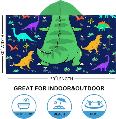 30x50" Dinosaur Beach Towel, Dinosaur Towel for Kids with Hood T-rex Hooded Towel for Boys Cool Cartoon Microfiber Bath