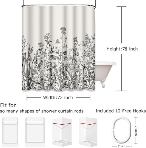Emvency Shower Curtain – Floral Border Herbs and Wild Flowers, Waterproof Polyester Fabric 72 x 78 Inches