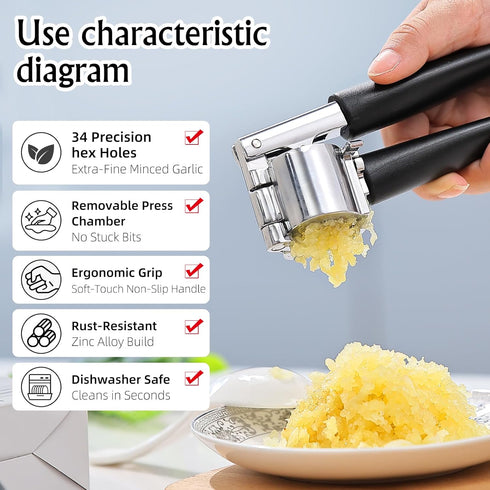 EzeePress Set Garlic Press Mincer, Crusher with Removable Chamber - Ergonomic Handle, Dishwasher Safe, Easy to Clean