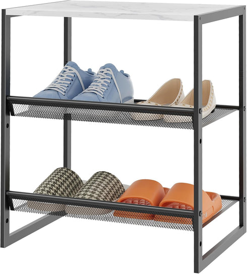 4 Closet 3 Closet Garden you Shoe Rack for Narrow Tiers, Small Shoe Rack with White Wooden Tabletop, Adjustable Metal