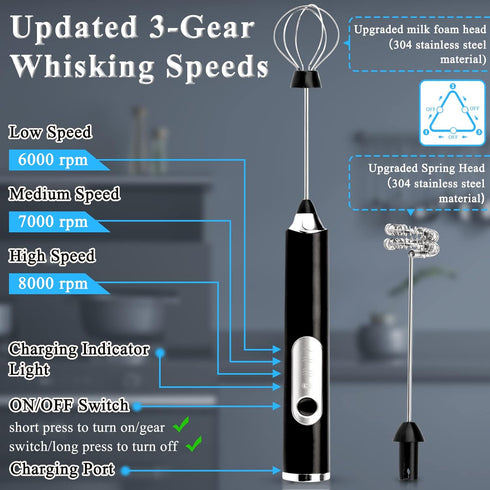 3 Electric Double Whisk Milk Frother Handheld Black USB Rechargeable Drink Mixer, Speeds Adjustable Electric Whisk Foam